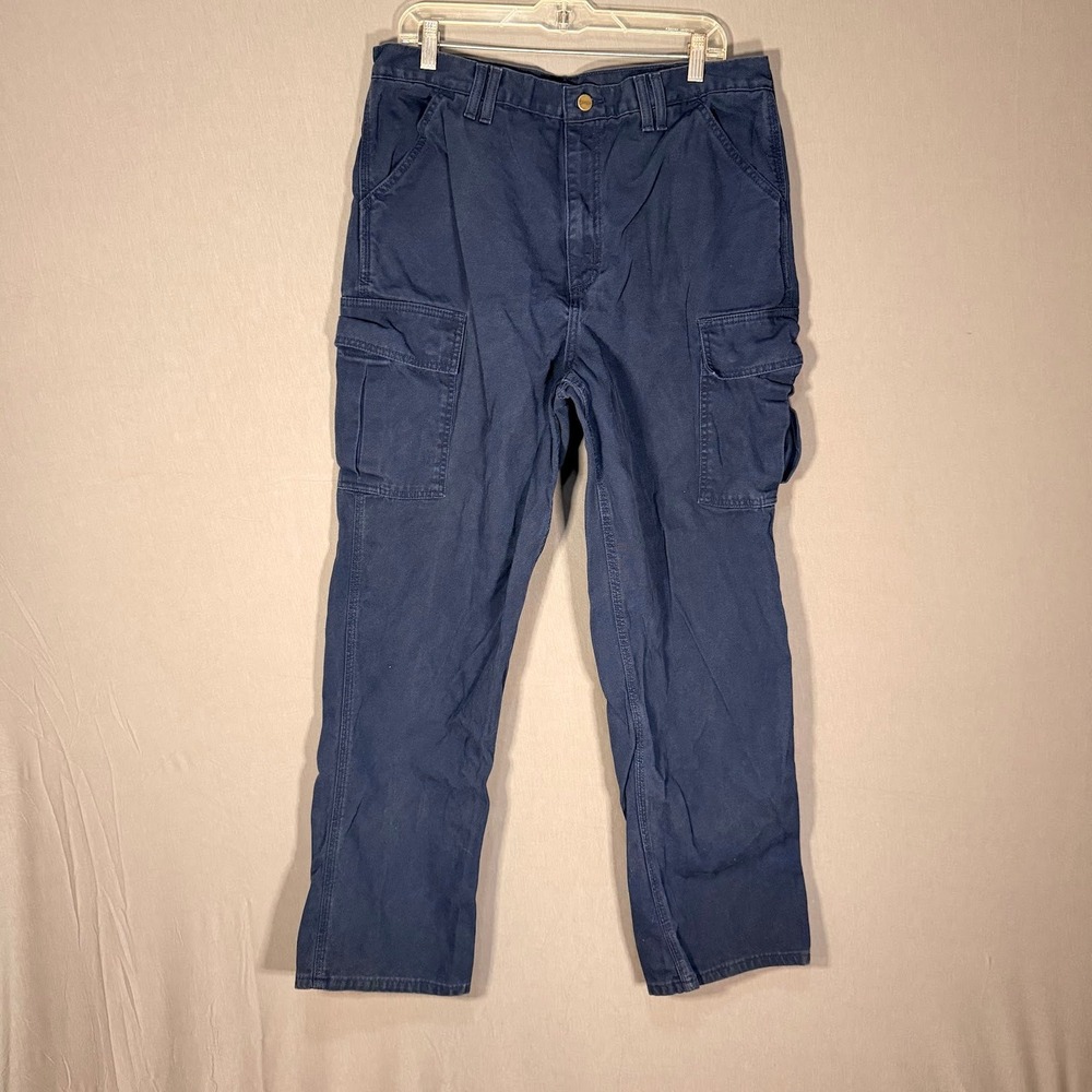 Carhartt Mens Navy Blue Duck‎ Canvas Cargo Work Pants 38x32 Straight Leg Utility